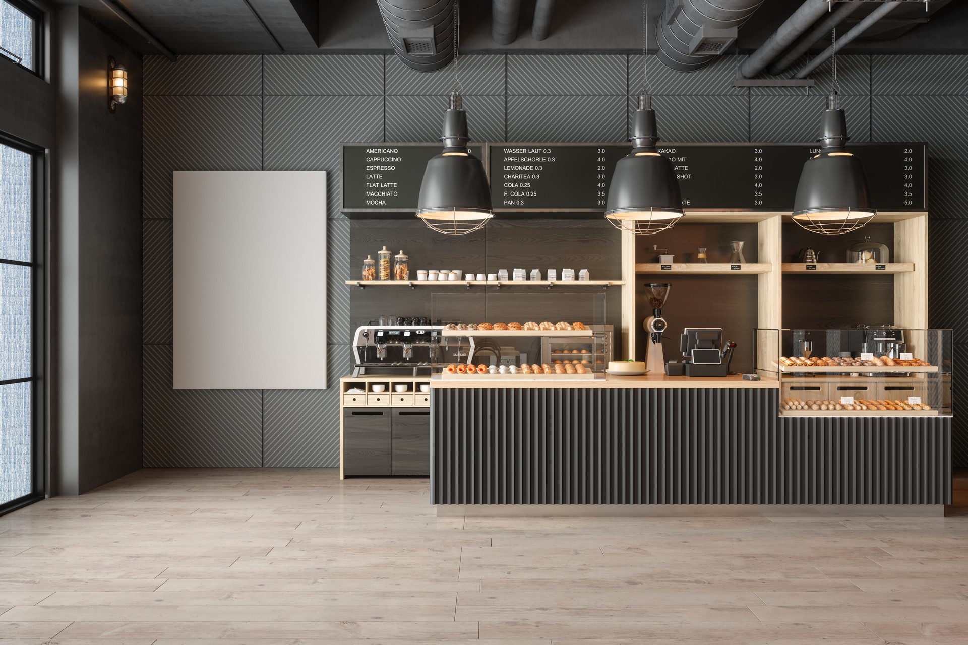 Empty Coffee Shop Interior With Coffee Maker, Pastries And Blank Poster On The Wall